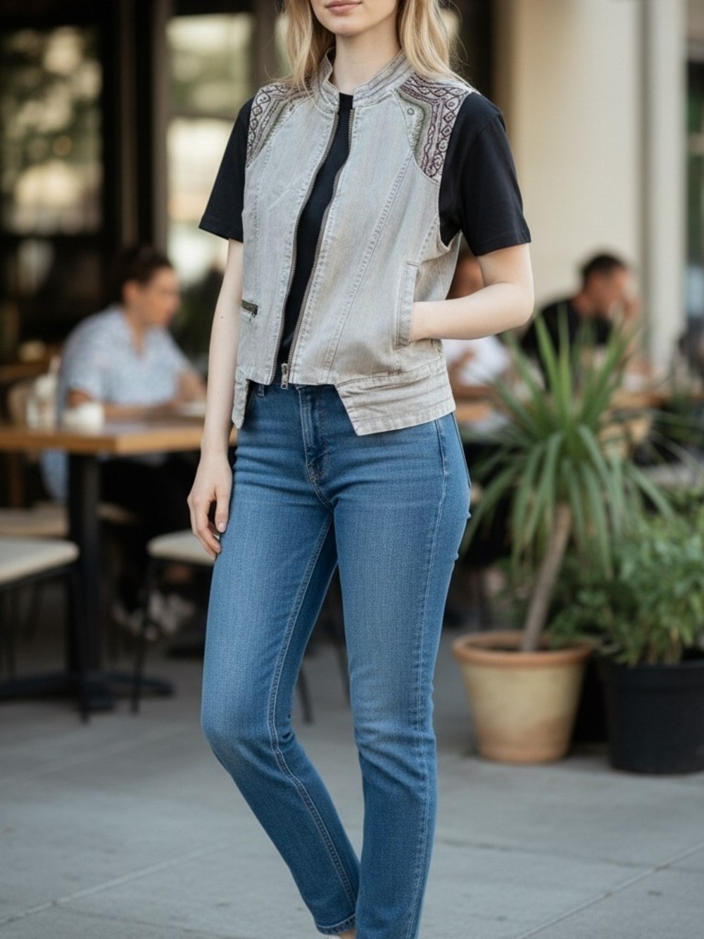 BKE Embroidered Zip Front Utility Vest Beige Size L